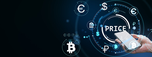 Digital currency and forex price analysis interface with smartphone and financial symbols in futuristic light design on dark background.