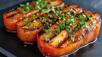 Grilled tomato with caramelized edges and spice served on a black platter