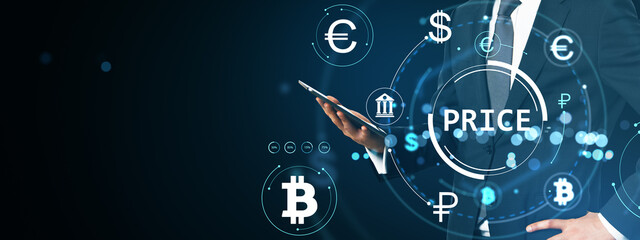 Businessman using digital tablet with currency symbols and price interface on dark background...