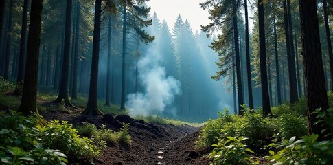 Controlled Forest Burn Smoke Rises Amidst Green Trees, Promoting Regeneration and Reducing Wildfire Risk