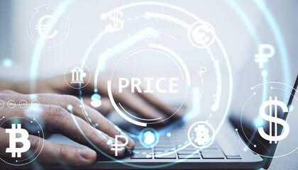 Hands typing on laptop with glowing currency symbols and holographic financial interface on abstract light background in fintech and forex concept.