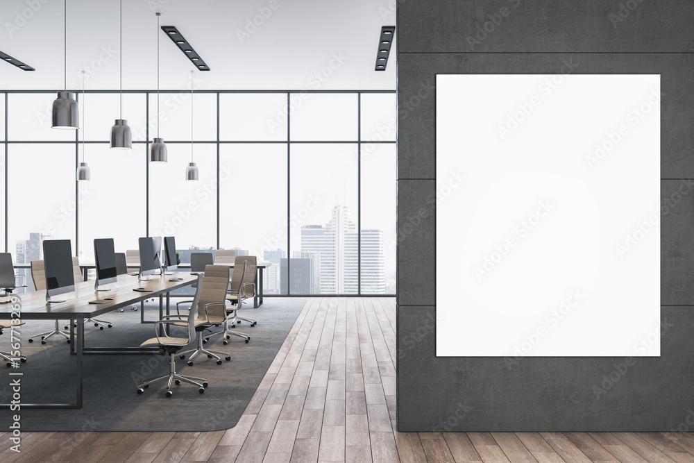 Poster modern empty open space office interior with vertical blank poster mockup on wall and panoramic city