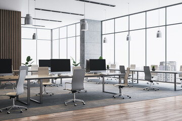 Modern empty coworking office interior with minimalist design, wooden floor, panoramic city view, white walls, and corporate workspace setup. 3D Rendering