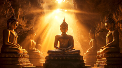 Ancient golden Buddha statue in the cave the graphic background is light beam