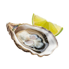 Fresh raw oyster with lime wedge isolated on white background Generative Ai.