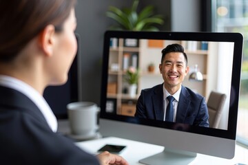 A Business Professional Sitting in Front of Computer During Virtual Job Interview Webcast