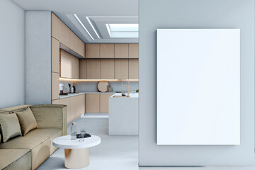 Vertical blank canvas mockup on wall in modern kitchen interior with sofa and island counter under skylight in bright contemporary home space. 3D Rendering