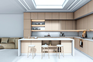 Modern beige wooden kitchen interior with island and stools under skylight in bright apartment space, featuring eco design and sleek furniture. 3D Rendering