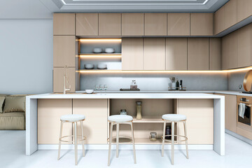 Modern beige kitchen interior with island, open shelves, and minimalist design in a bright home space with natural light and clean architecture. 3D Rendering