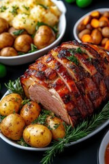 Complete Easter dinner spread showcasing ham, sides, and dessert on a rustic wooden table