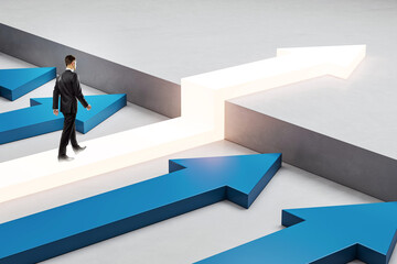 Businessman walking on glowing upward arrow symbolizing breakthrough and leadership on modern...