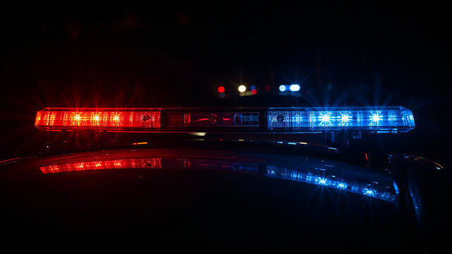 Flashing red and blue police lights illuminating the night