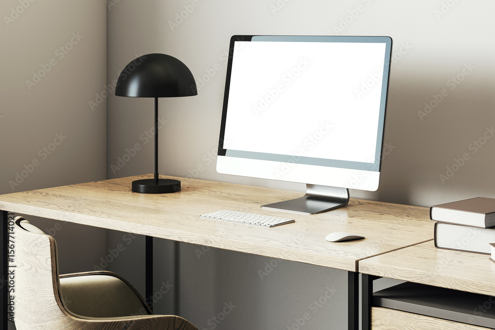 Aufkleber modern workspace setup with desktop computer, books, and lamp on wooden desk in cozy home office int