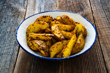 Roasted potatoes on wooden table	