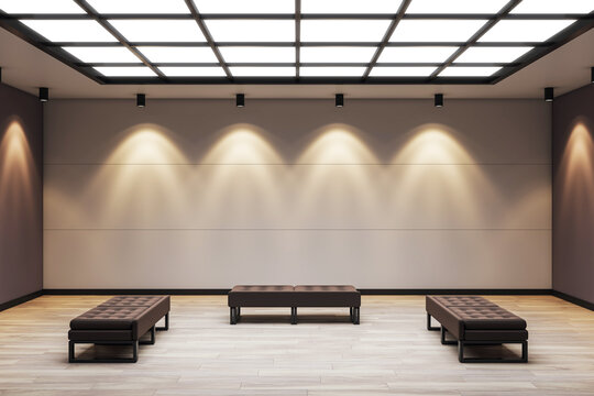Contemporary gallery room with empty wall and spotlights, featuring modern benches and wooden floor in minimalist interior design. 3D Rendering - Powered by Adobe