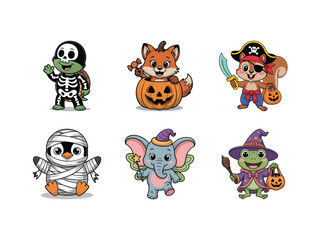 Charming Halloween animal illustrations, featuring adorable creatures in festive costumes for a fun and spooky atmosphere