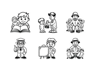 Naklejka premium Collection of teacher and student silhouettes featuring science lessons, group activities, and classroom presentations