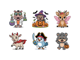 Naklejka premium Colorful Halloween animals in cute costumes, from skeletons to witches, perfect for children's Halloween illustrations and designs