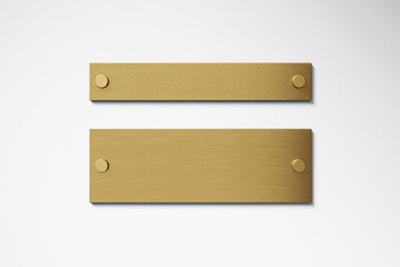 Empty gold metal signage mockup on white wall for company name or logo branding in office or hallway interior template concept design. 3D Rendering