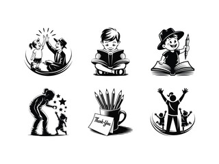 Icons representing student and teacher interaction including high fives, reading, and celebrating achievements