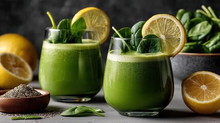 Refreshing spinach juice with lemon slice garnished on a white table against a gray background