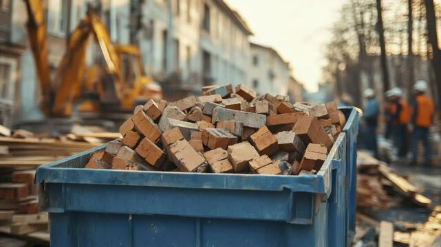 A blue dumpster filled with rubble and bricks sits at a construction site with a blurred excavator in the background.