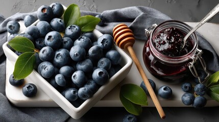 Fresh blueberries and homemade blueberry jam display on a textured gray and white surface, inviting culinary creativity