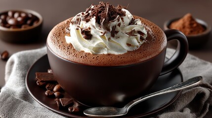 Creamy coffee with whipped topping and chocolate shavings against a warm brown background