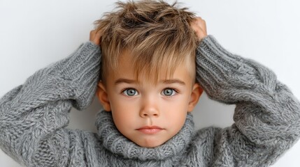 Cute boy in gray sweater with playful expression shows curiosity against a white background during a sunny indoor session