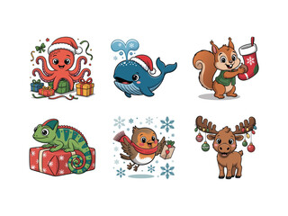 Fototapeta premium Playful and colorful Christmas animal illustrations, with festive animals celebrating the season, perfect for children’s holiday content