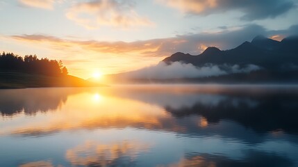 Obraz premium Golden sunrise reflecting on misty lake and mountains high resolution picture