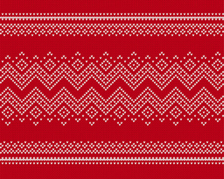 Fototapeta Christmas knit traditional texture. Holiday seamless pattern. Festive winter ornament. Knitted sweater print. Xmas geometric border. Fair isle background with snowflakes. Vector.