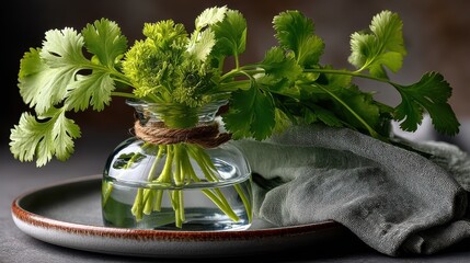 Fresh cilantro leaves displayed in a vase with water on a gray plate against a green background