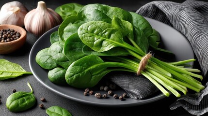 Fresh spinach leaves displayed on a gray plate against a dark gray backdrop with garlic and pepper scattered