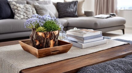 Cozy living room coffee table topped with a beige cloth runner and a vintage-style flower pot
