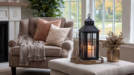 Cozy living room scene with a small table, neutral cloth, and a lantern creating warm candlelight
