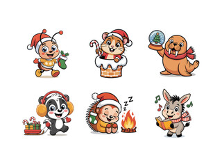 Fototapeta premium Playful Christmas animals in winter settings, wearing Santa hats, exchanging gifts, and celebrating the season with festive cheer