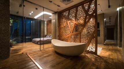 Decorative laser-cut wooden partition used to subtly hide the entrance of a bathroom from a bedroom