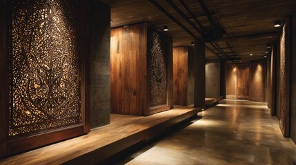 Decorative laser-cut wooden partition used to subtly hide the entrance of a bathroom from a bedroom