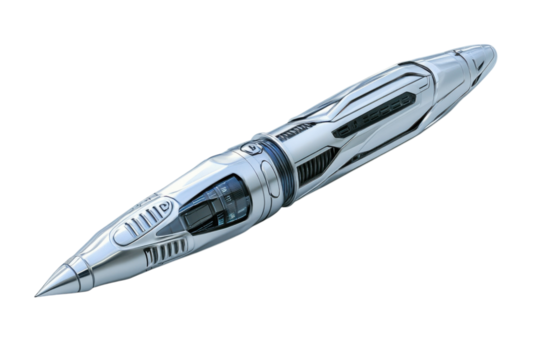 Sleek Silver Spaceship Pen Design Futuristic Spacecraft Writing Tool Shiny Rocket Pen Still on transparent background - Powered by Adobe