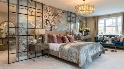 Elegant frosted glass permanent partition in a bedroom suite, dividing sleeping and dressing areas