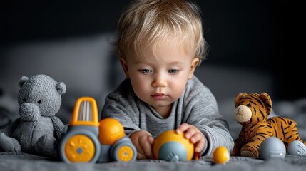 Baby boy plays with colorful toys on soft bedding in cozy bedroom setting during afternoon light
