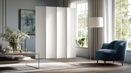 Folding partition in MDF with modern white finish to quickly hide clutter in a living room