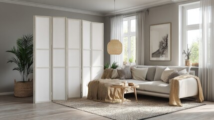Folding partition in MDF with modern white finish to quickly hide clutter in a living room
