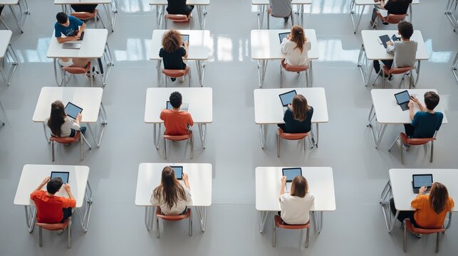 High school students are taking a digital exam using tablets, sitting at individual desks in a classroom, seen from above in a high angle shot emphasizing the modern educational setting