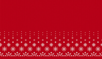 Christmas red knitted texture with snowflakes border print. Xmas ornament on knit seamless pattern. Holiday background. Fair isle traditional ornament. Festive sweater. Vector illustration.