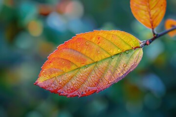 Obraz premium Vibrant leaf with water droplets clinging to its surface, displaying intricate veins and autumnal colors