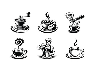Set of silhouettes showing a barista making coffee, grinding beans, and tamping espresso for a coffee shop
