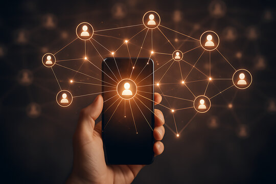 Hand holds smartphone displaying digital network connections, symbolizing global communication and social media interaction