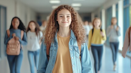 Fototapeta premium High school student walking confidently through hallway, wearing backpack, smiling among classmates after summer break, representing youthful enthusiasm and academic journey